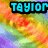Pixelated rainbow gradient background with cyan block text reading TAYLOR in a black rectangular outline.