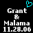 Pixelated text displays 'Grant & Malama 11.28.06' with a cyan heart symbol above the left side, set against black background.