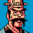 Pixel art portrait of a character with dark hair and beard wearing a hat, set against solid blue background.