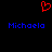 Red pixelated heart symbol above two blue 'Michaela' text instances on black background.