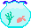 Pixelated fishbowl with coral and pink fish in various positions