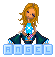Pixel art of a seated figure with long blonde hair holding a blue object, positioned above light blue blocks spelling 'ANGEL' in two variations.
