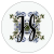 A pixelated circular icon with a white background features a large black stylized letter H overlaid on a blurred floral pattern of green and blue hues.