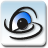 Pixelated eye icon with blue iris and black pupil, surrounded by swirling black lines on light blue gradient background.