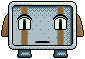 Pixel art character with large eyes, brown vertical stripes on a light blue body, and small feet against gray background.