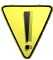 Yellow triangular warning signs with black exclamation marks in various orientations and sizes on a gray background.