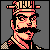 Pixel art portrait of a character with mustache and military-style hat in red, beige, black, and gray colors on solid background.