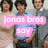 Three distinct group images of young men with overlaid text banners in pink, blue, and green.