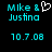 Pixelated cyan text displays 'Mike & Justina' with a white heart symbol above the ampersand, and '10.7.08' below on black background.