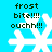 Pixelated snowflake icon with text 'frost bite!!!! ouchh!!!' on cyan background, showing two distinct frame variations.