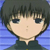Pixelated anime-style character with short dark hair, large dark eyes, and a neutral expression against a blue striped background.