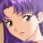 A 48x48 pixel buddy icon featuring a close-up of an anime-style character with purple hair and brown eyes on the left, paired with