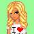 Pixel art contact sheet showing three frames of an animated character with blonde hair, blue eyes, and a white tank top featuring "I ❤️" text on the left frame, red ruffled skirt in the middle frame, and white high-heeled boots in the right frame against a light green background.