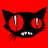 A split-frame animated buddy icon featuring a black cat with red eyes on the left and green text reading "Original Icons .com" on the right, both rendered in pixel art style against solid backgrounds.