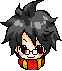 Pixel art character with spiky dark hair, red and yellow striped scarf, white glasses, and pink cheeks in four variations showing different eye states.