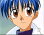 Two side-by-side anime-style character portraits with blue hair, brown eyes in left view and white eyes in right view, wearing dark shirts over light undershirts.