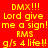 Static red background with yellow pixelated text repeating 'DMX!!! Lord give me a sign! RMS g/s 4 life!!' in three