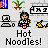 Pixel art of identical cartoon characters holding noodles, with 'Hot Noodles!' text below each, surrounded by small icons including laptops, plants, and striped banners