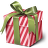 Pixelated gift box with red and white diagonal stripes, wrapped in green ribbon with a bow on top, set against a gray background.