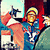 A pixelated figure in a blue uniform with white accents and yellow cap holds a black object, positioned against red and green background elements.