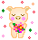 Two pixel art pig characters in a contact sheet with closed eyes and pink cheeks holding colorful flowers against a gray background with scattered red, green, orange, and pink shapes.