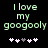 Pixelated text reads "I love my googooly" with five heart symbols below, two versions show different heart color sequences.