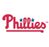 Red cursive 'Phillies' text with blue accents on a white background, featuring pixelated rendering and horizontal underline.