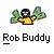 Pixelated static icon of a stick-figure robot with green arms and yellow torso against gray background, labeled "Rob Buddy" in blocky text below.