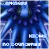 Blue spiky creature with glowing eyes and text overlays reading 'darkness', 'knows', and 'no boundaries' in light blue font.