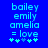 Blue background with light blue pixelated text reading 'bailey emily amelia = love' and five star symbols below, showing two animation frames where the third star shifts position.