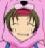 Pixelated anime-style character with short brown hair and a red headband, closed eyes, and a faint smile against a pink background.