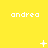 Yellow background with repeated white text 'andrea' and changing pixel symbols above each