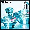 Pixelated blue bottle with pink flowers and silver pump, labeled 'CURIOUS' in black block letters at top left.
