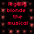 Red pixelated text reading "legally blonde the musical" on a black background with red square patterns, displayed in two identical vertical
