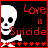 nine identical pixel art icons featuring a white skull with black eyes and mouth on a black background, red text reading "Love is Suicide," and a of small red hearts below