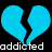 Two cyan broken heart shapes with pixelated text 'addicted' below on black background.