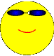 Yellow circular face with blue sunglasses and red mouth expressions in a of six positions