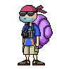 Pixel art character with purple bandana and backpack, blue shirt, beige shorts, brown shoes, camera, and blue face covering, in multiple poses.