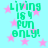 Pixelated green text "Living is fun only!" on light blue background with pink stars, repeated in four quadrants.