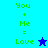 Pixelated green text 'You + Me = Love' with a star symbol on a blue background, displayed in a with two color variations