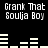 Black background with white pixelated text "Grank That Soulja Boy" repeated in four , accompanied by horizontal bar graphs showing audio levels