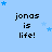 Pixelated blue background with repeated text 'jonas is life!' and scattered star shapes in varying positions.
