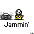 Animated contact sheet of a pixel art buddy icon showing 12 frames with a stick figure character and boombox, each labeled "Jammin'" below.