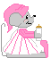Pixelated cartoon mouse in pink and white striped dress with Santa hat, holding bottle or cup against gray background.