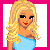 A 3x3 pixel art contact sheet of a doll-themed animated icon featuring blonde female characters with various outfits and text labels, displayed on a pink grid background.