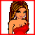 Pixel art contact sheet of a female character in red dress with multiple poses and text elements including "single," "so," and "hola" on white background with red borders.