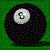 A black 8-ball with a white number 8 on a green background, shown in multiple rotating views.