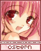 Pixelated anime-style icon of a pink-haired character with large red eyes, resting chin on hands in two showing mouth movement