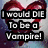 Pixelated text overlays a red and white background with a heart shape, displaying phrases about being a vampire.