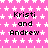 Pink background with white star pattern and repeated black text "Kristi and Andrew" in pixelated font.
